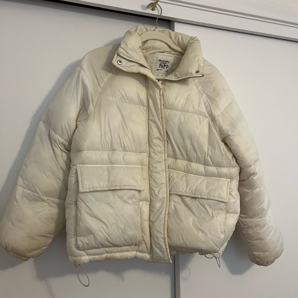 A&F Women's Cream White Puffer Bomber Jacket